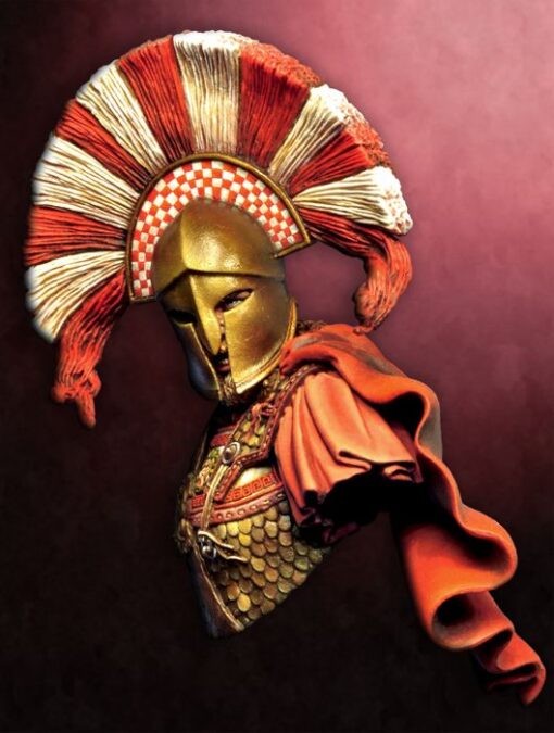 Decorative spartan wearing a helmet with red and white plume