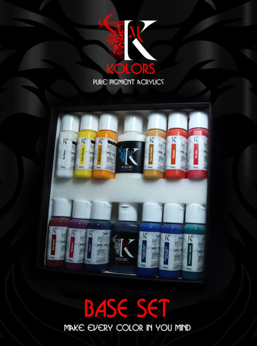 acrylic paint set on a black background with Kimera brand logo.
