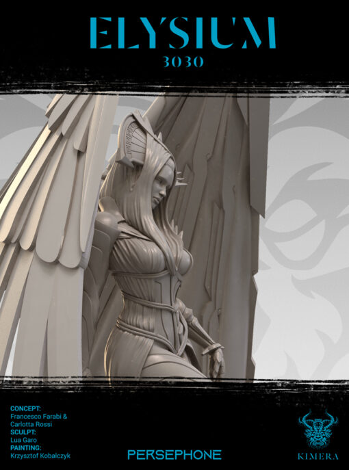 An unpainted winged figure holding a scythe, with a bright moonlit background