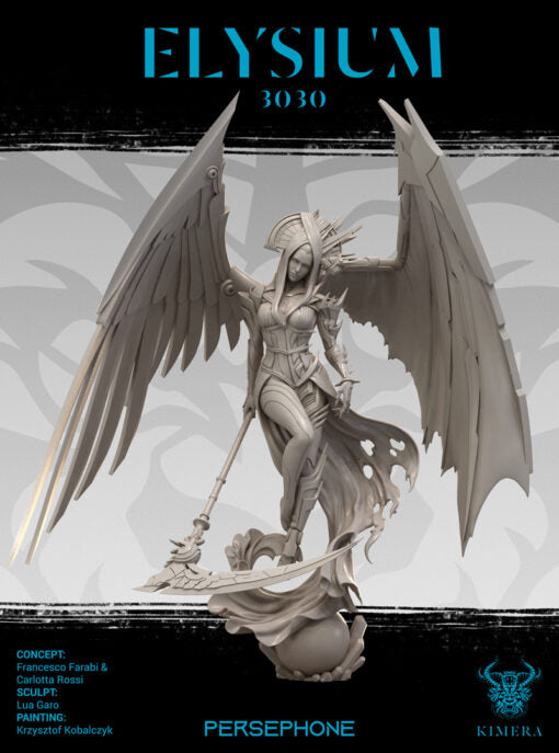An unpainted winged figure holding a scythe, with a bright moonlit background