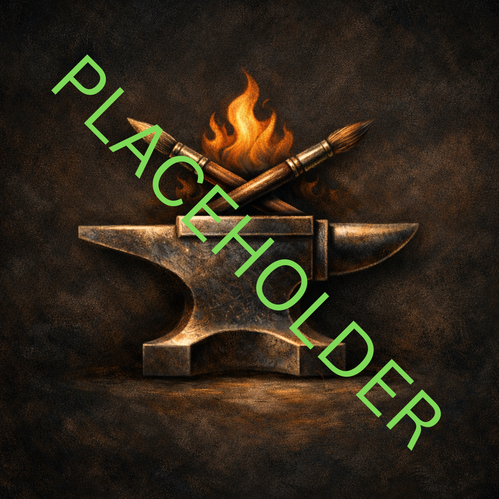 Placeholder image with an anvil, hammer, and flames on a dark background