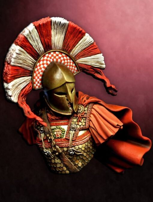 Decorative spartan wearing a helmet with red and white plume