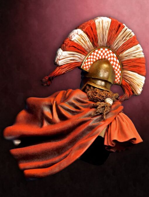Decorative spartan wearing a helmet with red and white plume