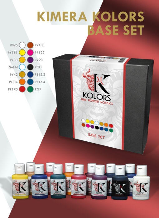 acrylic paint set on a black background with Kimera brand logo.