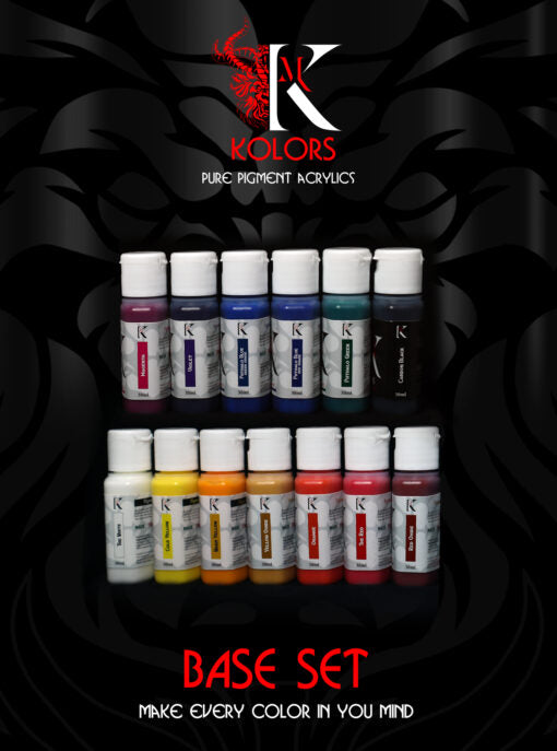 acrylic paint set on a black background with Kimera brand logo.