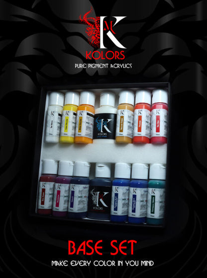 acrylic paint set on a black background with Kimera brand logo.