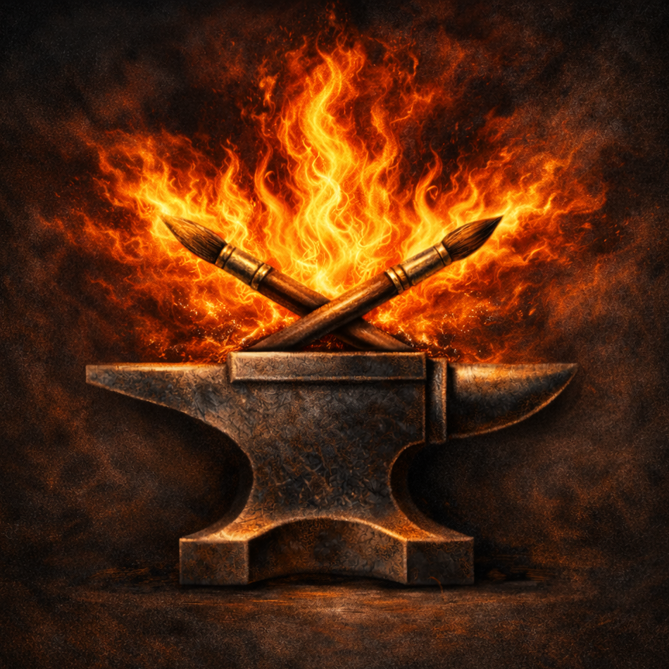Anvil with crossed paint brushes on fire against a dark background