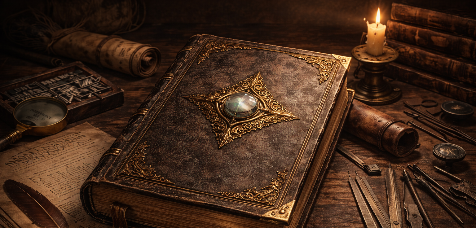 Ancient spellbook with decorative cover on a wooden table with candles and tools.