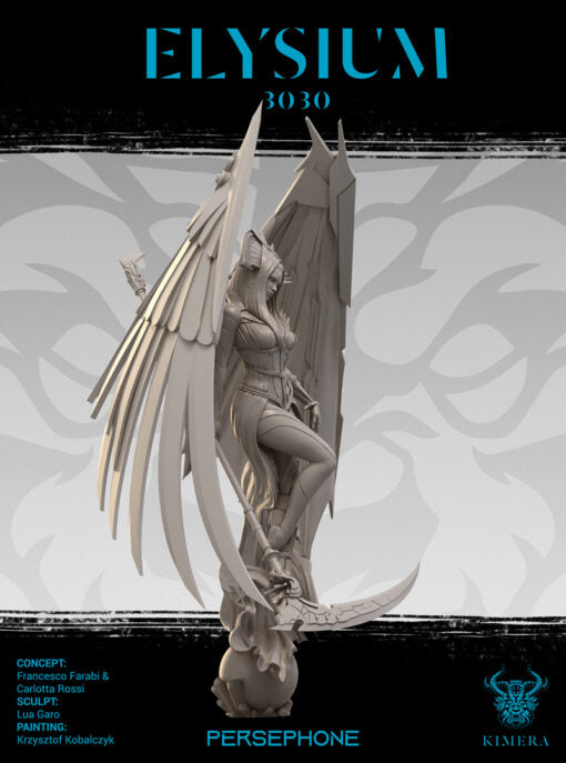 An unpainted winged figure holding a scythe, with a bright moonlit background