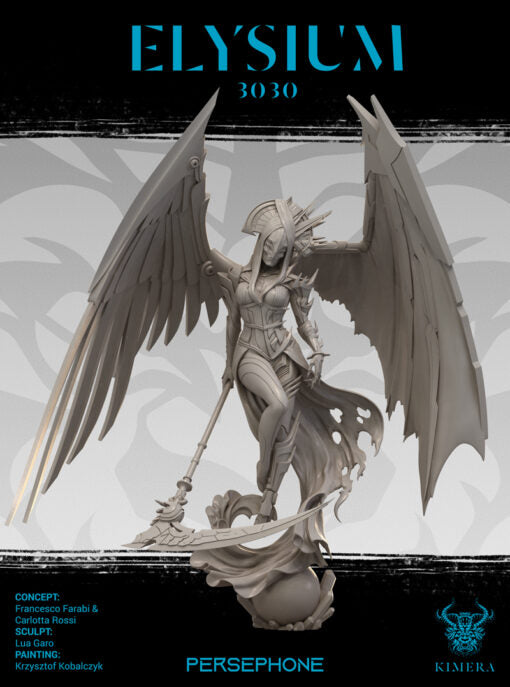An unpainted winged figure holding a scythe, with a bright moonlit background