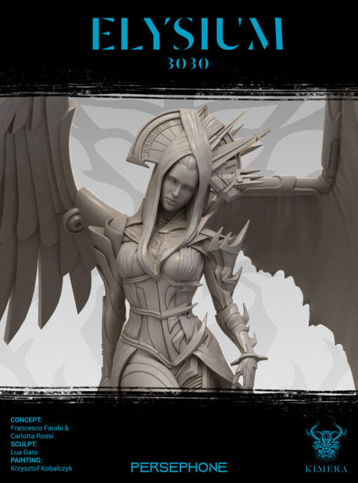 An unpainted winged figure holding a scythe, with a bright moonlit background