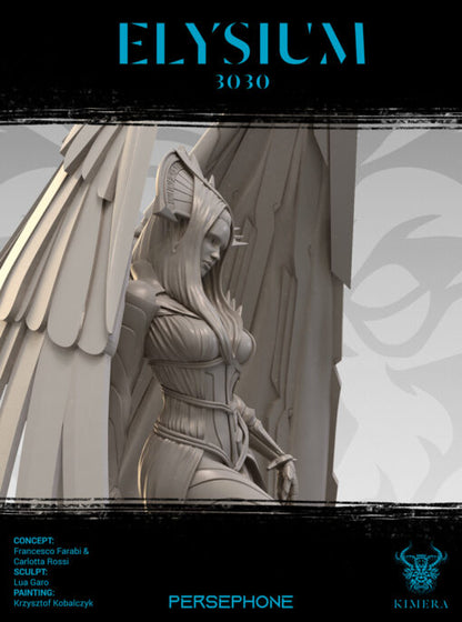 An unpainted winged figure holding a scythe, with a bright moonlit background