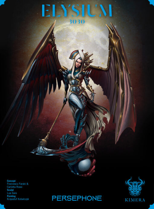 a winged figure holding a scythe, with a bright moonlit background