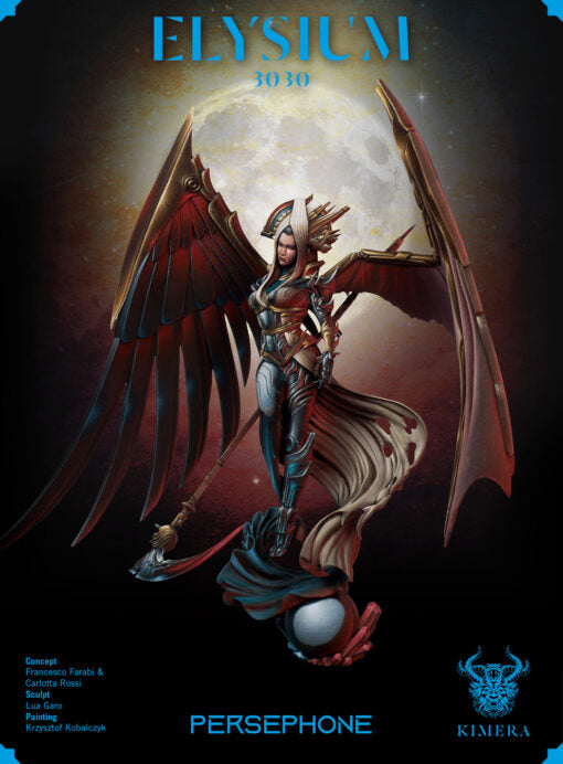 a winged figure holding a scythe, with a bright moonlit background