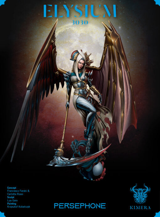 a winged figure holding a scythe, with a bright moonlit background