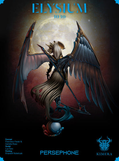 a winged figure holding a scythe, with a bright moonlit background