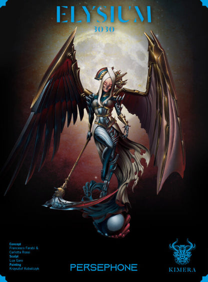 a winged figure holding a scythe, with a bright moonlit background