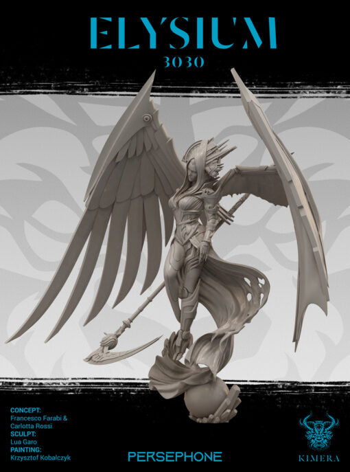 An unpainted winged figure holding a scythe, with a bright moonlit background