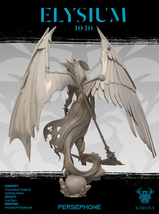 An unpainted winged figure holding a scythe, with a bright moonlit background